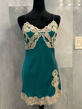 Vtg 90s Victoria's Secret Teal Blue Silk Mini Slip Dress with Cream Lace